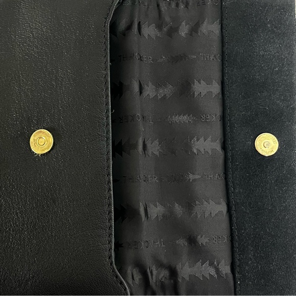 THACKER Feathers Suede Leather Crossbody Bag Chain Leather Strap Black Luxury - Picture 9 of 13